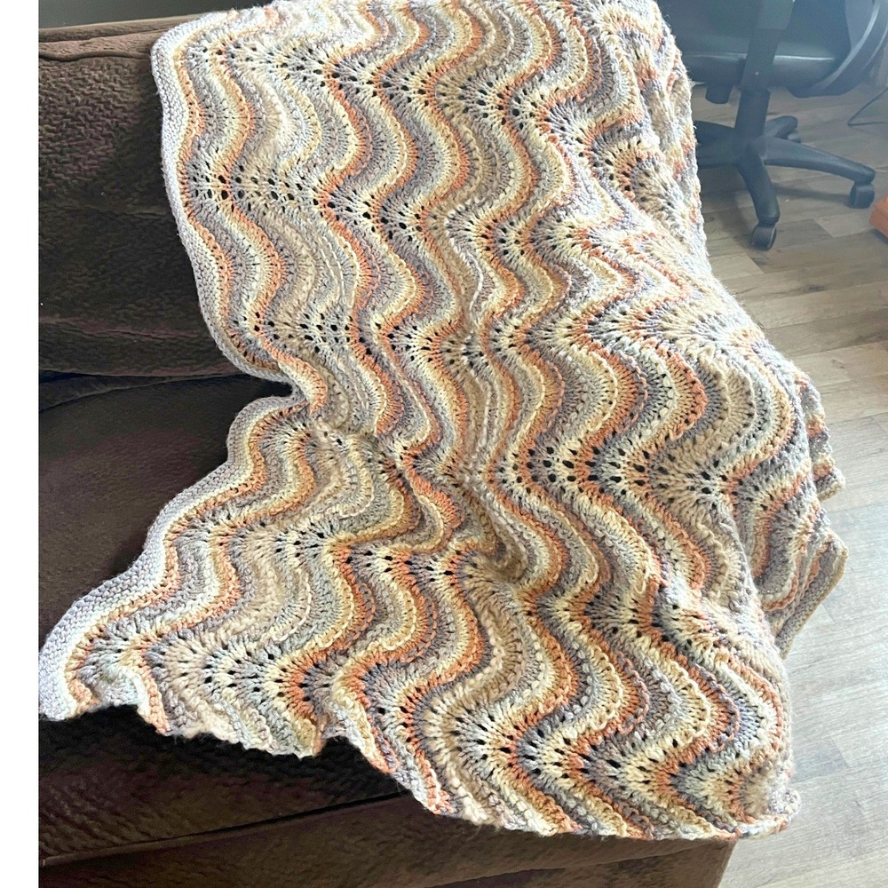 Handmade Crochet Ripple Afghan Throw Blanket Earth Tones Chevron Boho 70s Style